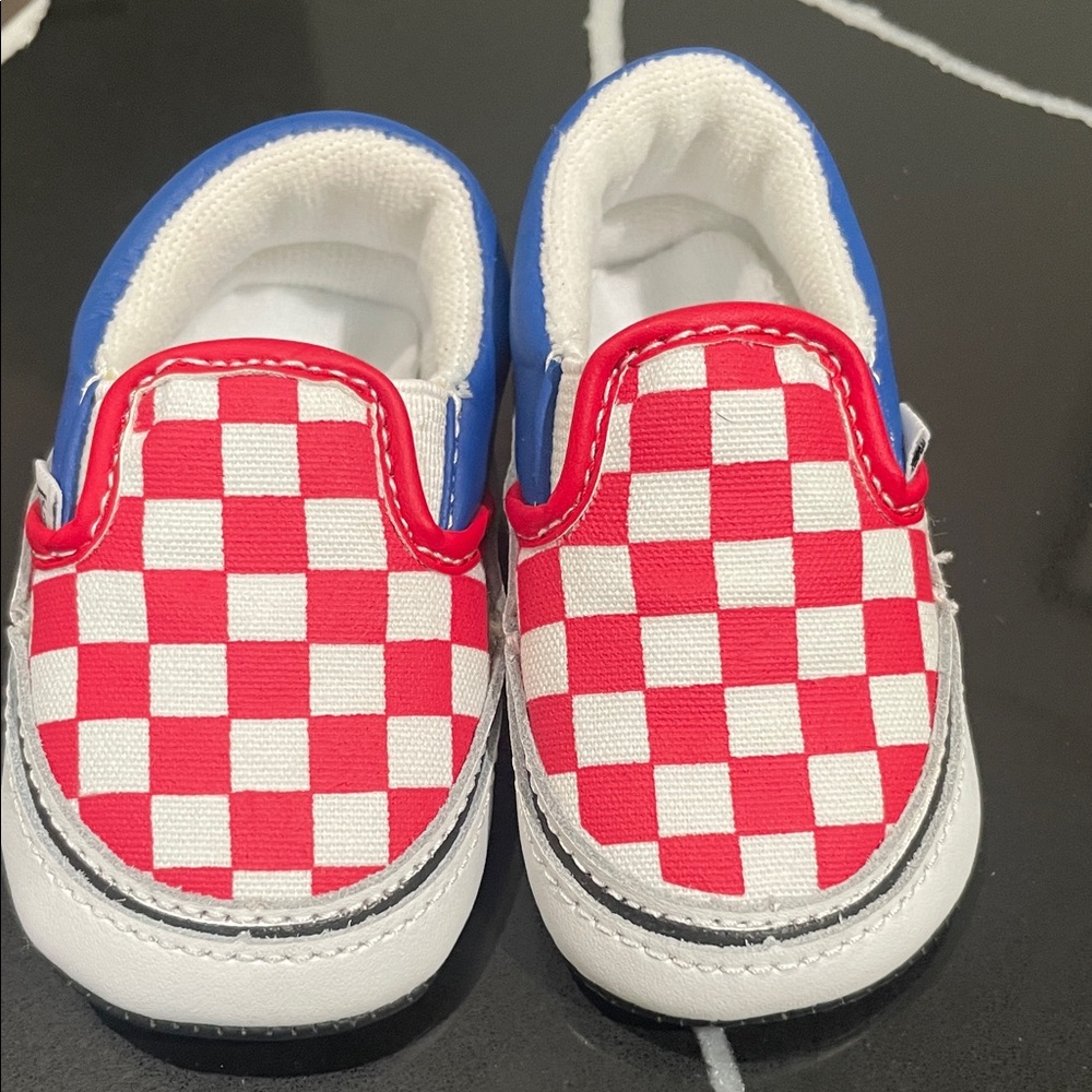 Newborn/Infant Vans Kids Red and Blue Checkered Slip-On Sneakers